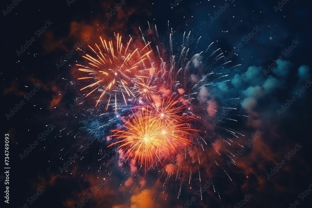 AI generated illustration of a bright fireworks display on a nighttime sky background in the evening
