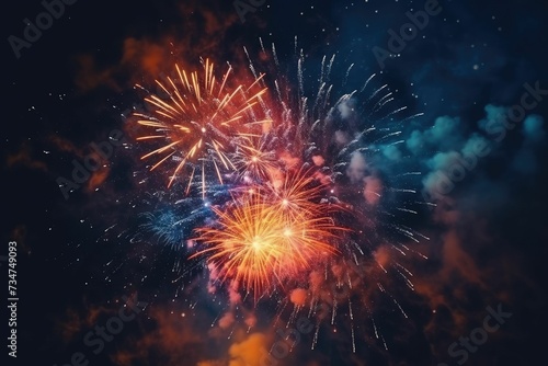 AI generated illustration of a bright fireworks display on a nighttime sky background in the evening © Wirestock
