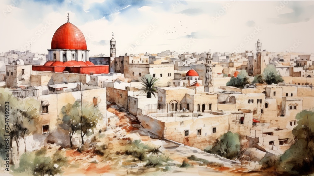 Generative AI image of watercolor sketch israel Jerusalem, tones of red black and white