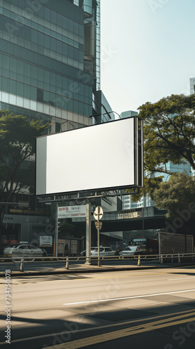 A towering billboard stands prominently in the middle of a bustling city, blank copy space