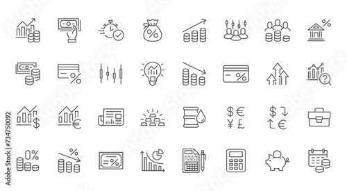 Investment line icon set. Quick approval, bank loan, percentage, trader, investor, exchange, newspaper, bond vector illustrations. Simple outline signs for financial activities. Editable Stroke