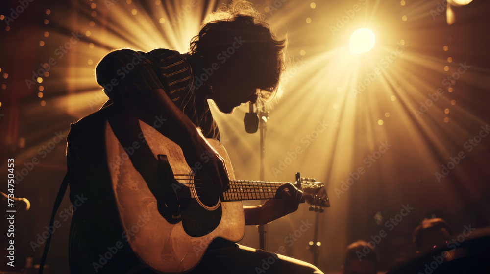 Guitarist strumming an acoustic guitar on stage , famous guitar player concept image - obrazy, fototapety, plakaty 