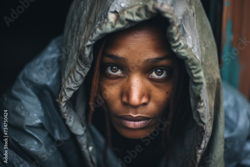  Joyful homeless woman, 35 years old, African-American, standing near a local shelter, her eyes reflecting hope for a brighter tomorrow