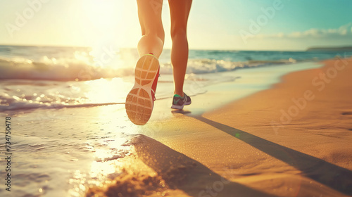 Legs of a woman wearing sports shoes running on the beach on summer holidays