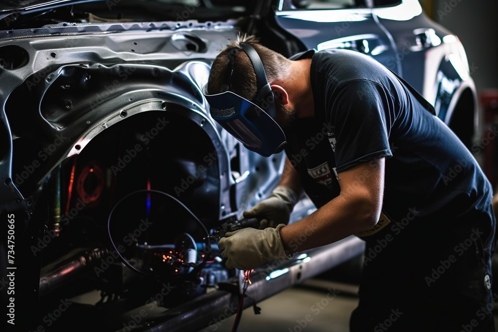 Focused mechanic working on a car's front end in a workshop