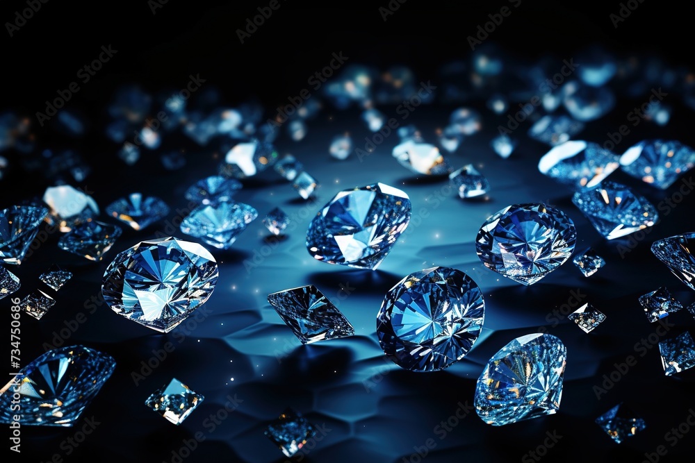 Brilliant blue diamonds scattered on dark surface, sparkling intensely Brilliant blue diamonds scattered on dark surface, sparkling intensely