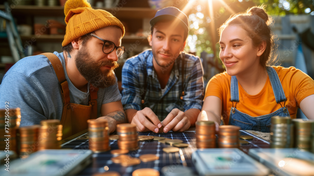 Three young man and woman with hipster style counting and comparing their savings with stack of coins in front of them Three young man and woman with hipster style counting and comparing their savings with stack of coins in front of them