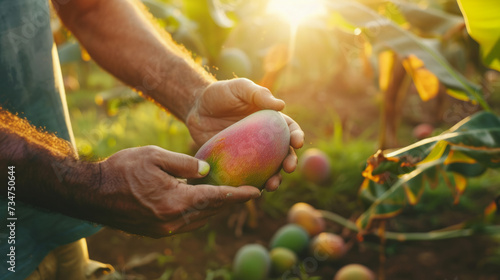 Farmer showing a freshly picked ripe mango