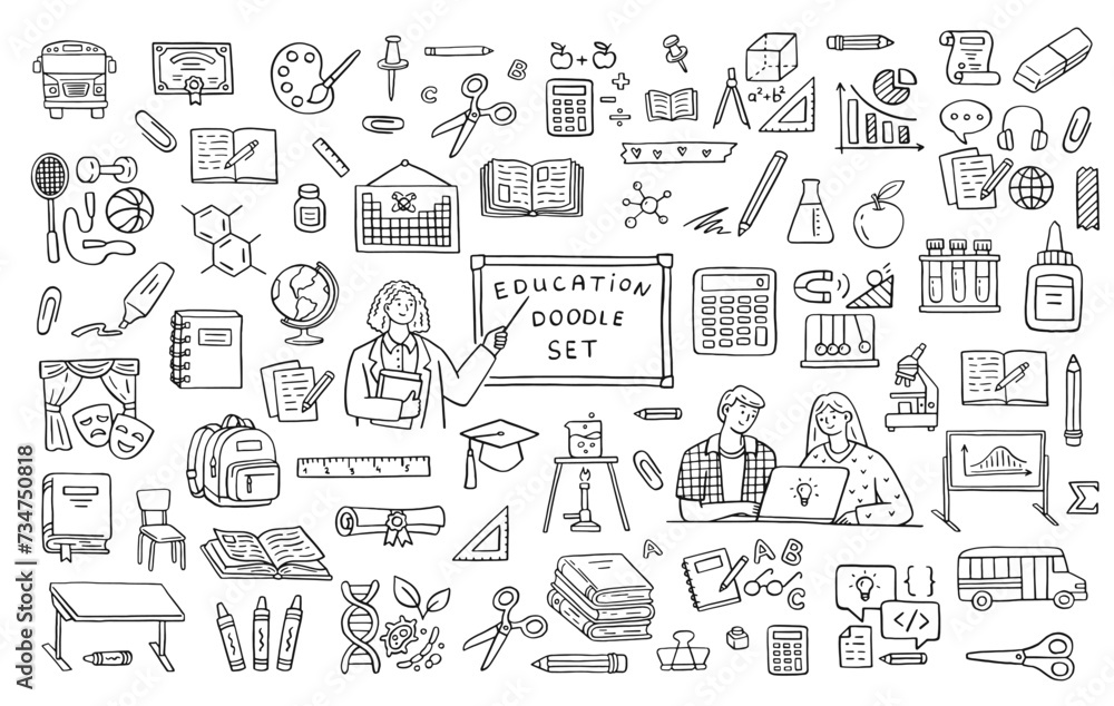 Education doodle icon set. Back to school line hand drawn elements - student, teacher, bus, pen, globe, desk and chair, chemistry, diploma, open books, chalk board, microscope, apple Education doodle icon set. Back to school line hand drawn elements - student, teacher, bus, pen, globe, desk and chair, chemistry, diploma, open books, chalk board, microscope, apple