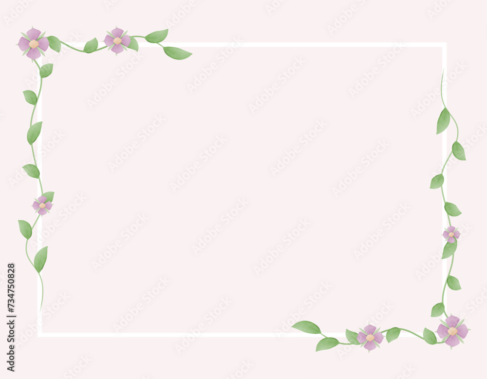 White rectangular floral frame with pink watercolor  flowers. Invitation, greeting, congratulation. Vector illustration. Template, poster, banner, card, paper, background.