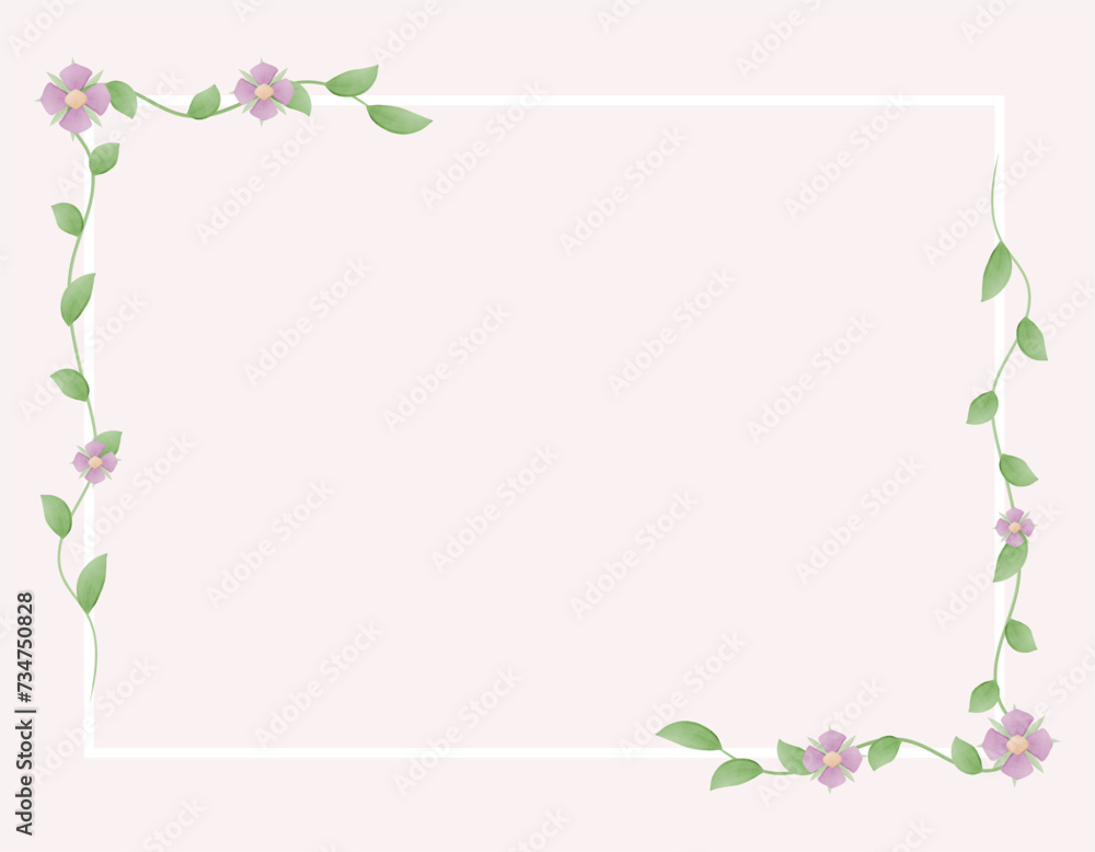 Fototapeta premium White rectangular floral frame with pink watercolor flowers. Invitation, greeting, congratulation. Vector illustration. Template, poster, banner, card, paper, background.