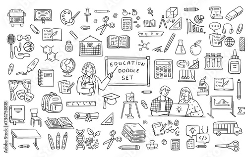 Education doodle icon set. Back to school line hand drawn elements - student, teacher, bus, pen, globe, desk and chair, chemistry, diploma, open books, chalk board, microscope, apple