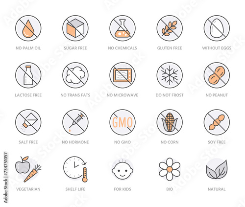 Natural food flat line icons set. Sugar, gluten free, no trans fats, salt, egg, nuts, vegan vector illustrations. Thin signs for packaging, expiration date. Orange Color. Editable Strokes