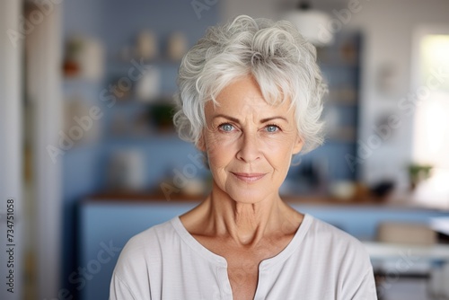 Confident senior woman with curly grey hair and white blouse