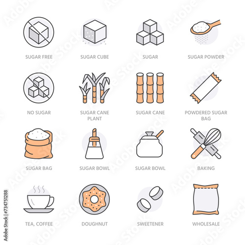 Sugar cane, cube flat line icons set. Sweetener, stevia, spoon, bakery products, rolling pin, whisk vector illustrations. Outline signs for sugarless food. Orange Color. Editable Stroke