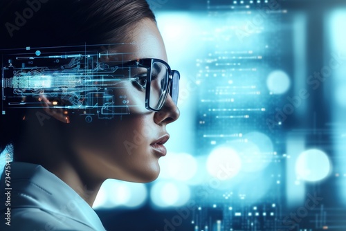 Futuristic woman with digital glasses overlaying cyber data