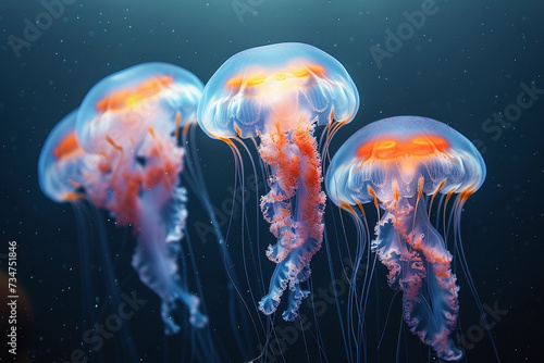 Luminescent Jellyfish Gracefully Drifting in the Deep Blue Ocean at Twilight © Olena Rudo
