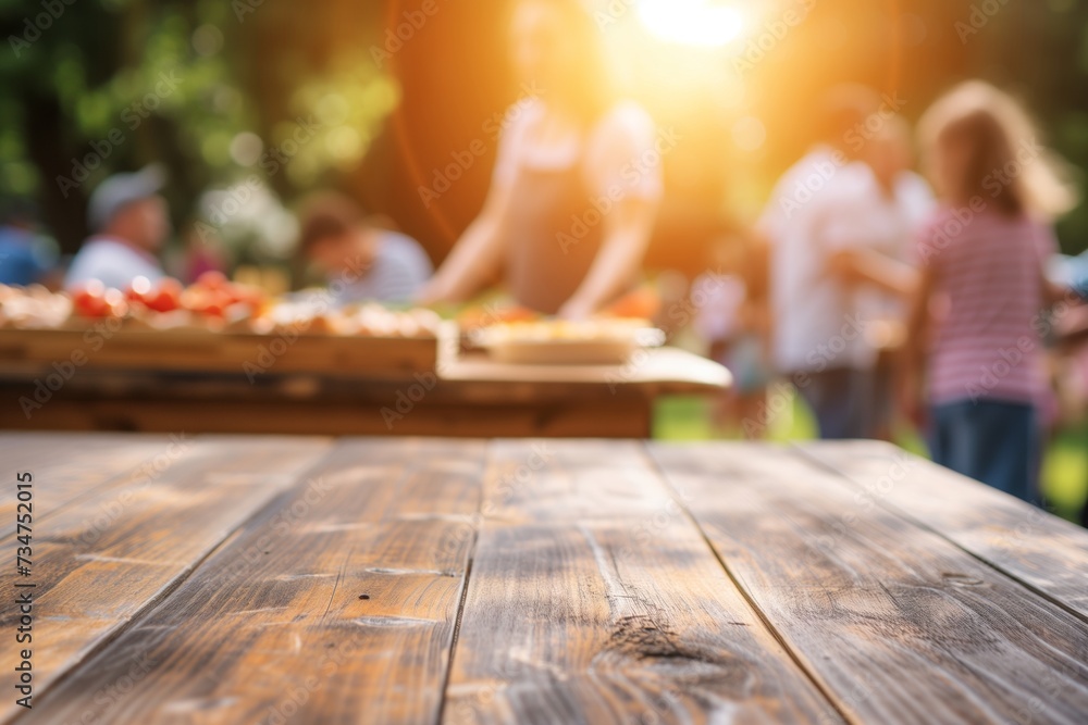 foreground wooden tabletop with blurred family serving food at an outdoor event