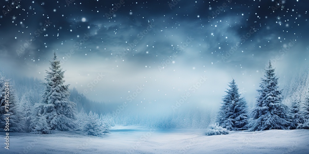 Frozen winter landscape in snowy forest. Christmas background with fir tree and winter background.
