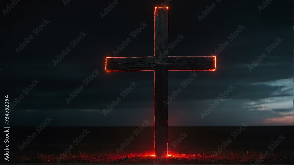 Cross on plain black background with red light flares from Generative AI