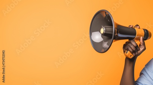 person’s hands holding a black and orange megaphone against a vibrant orange background photo