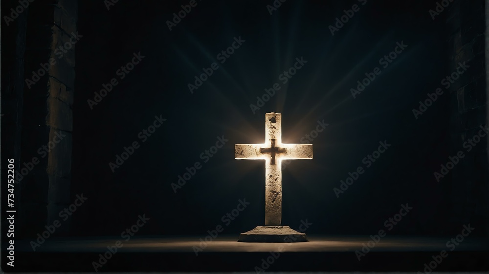 Cross on plain black background with white light flares from Generative AI