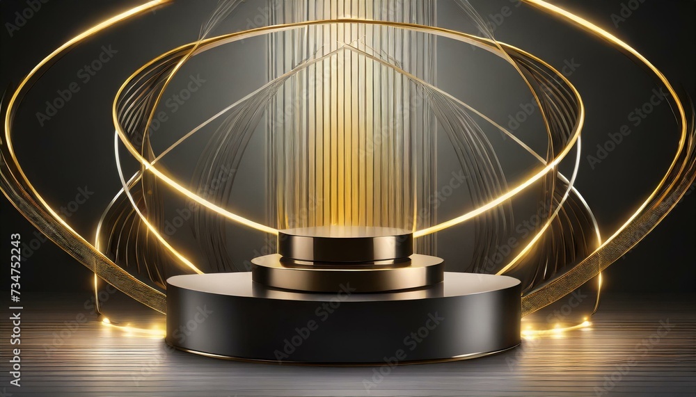 The black gold podium platform illuminated by light from above is suitable for introducing various types of products The black gold podium platform illuminated by light from above is suitable for introducing various types of products