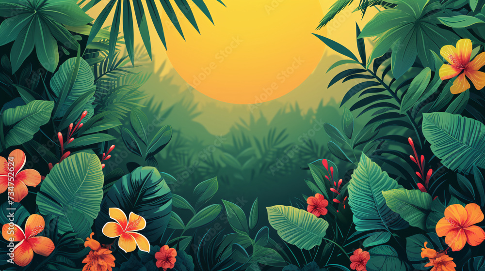 A picture of a tropical scene with flowers and leaves with copy space for text in the center