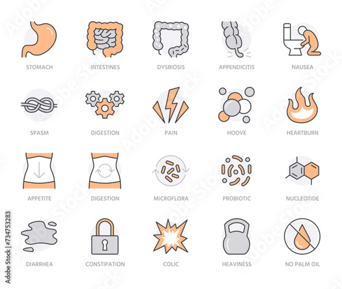 Symptoms of abdominal disease flat line icons set. Stomach pain, appendicitis, heartburn, spasm, guts, vomiting, diarrhea vector illustrations. Thin signs for digestion. Orange Color. Editable Stroke