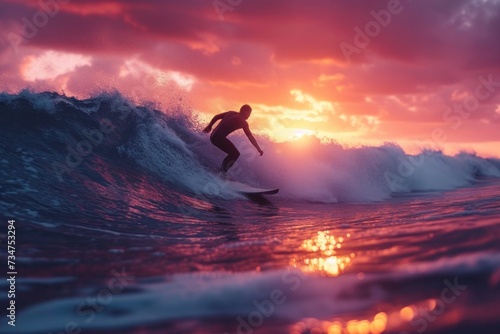 Man surfing on the board in the sunrise. 