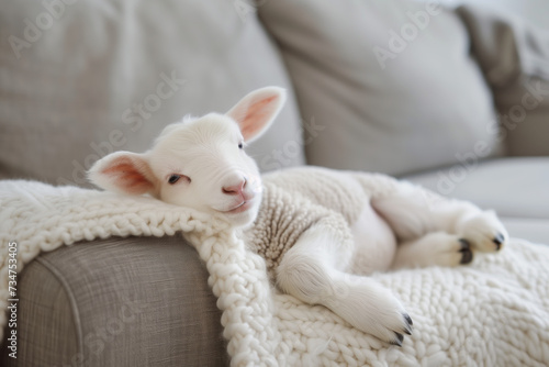 Sweet happy lamb lying on a cosy sofa. Pet lamb. Created with Generative AI technology.