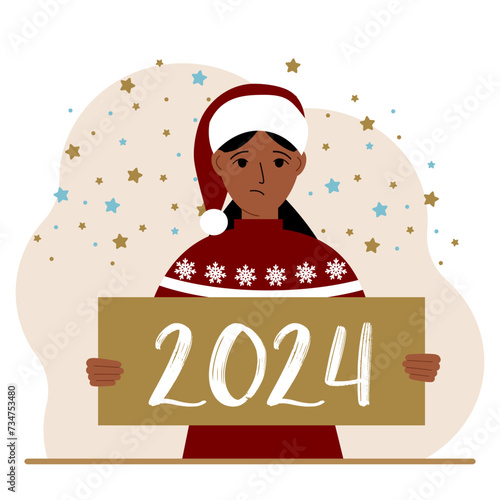 A woman in a Christmas red hat with snowflakes holds a Happy New Year 2024 card.