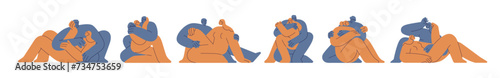 Love couples hugging, embracing set. Intertwined bodies cuddling. People in romantic relationships, close friends, intimacy concept. Flat graphic vector illustrations isolated on white background