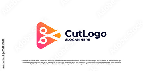video cut logo. play button with scissors logo, company logo