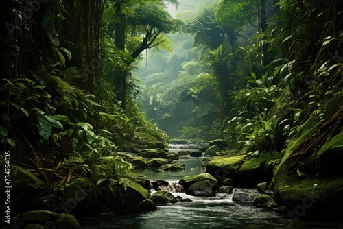 Scenic Asian rainforest scene during daytime., Asian tropical rainforest, Asian tropical jungle rainforest in daytime. Neural network, Ai generated © Tanu