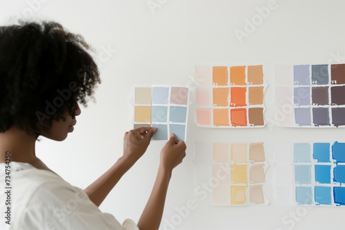 person comparing paint swatches against a white wall