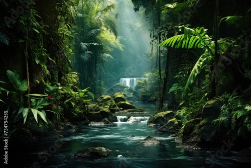 Scenic Asian rainforest scene during daytime., Asian tropical rainforest, Asian tropical jungle rainforest in daytime. Neural network, Ai generated