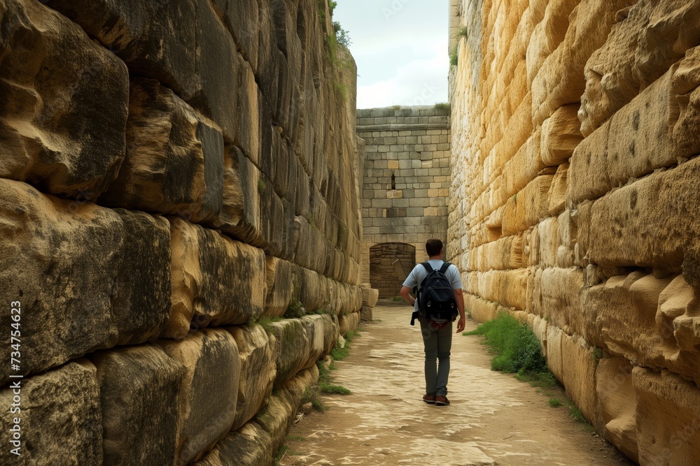 tourist at historical castle walls facing a blocked ancient passage tourist at historical castle walls facing a blocked ancient passage