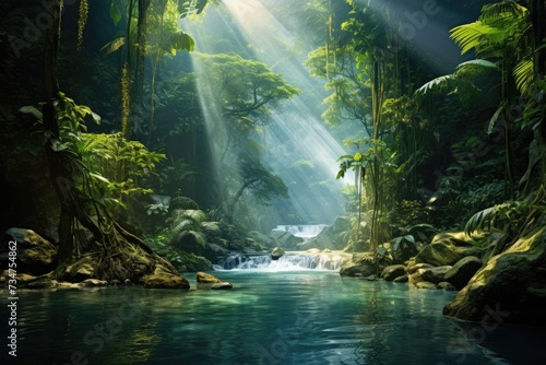 Scenic Asian rainforest scene during daytime., Asian tropical rainforest, Asian tropical jungle rainforest in daytime. Neural network, Ai generated