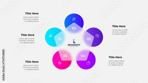 Cycle scheme with five circles and glassmorphism pentagon. Concept of business process with 5 steps. Infographic design template