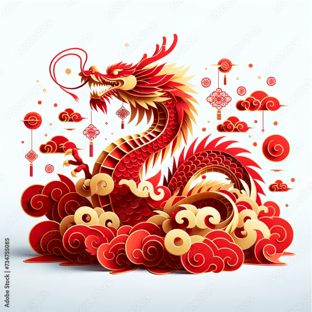 high-resolution, flat simple vector paper pop-up art illustrations centered on the theme of one Golden Dragon and cloud decorations for the Golden Dragon Year celebration. high-resolution, flat simple vector paper pop-up art illustrations centered on the theme of one Golden Dragon and cloud decorations for the Golden Dragon Year celebration.