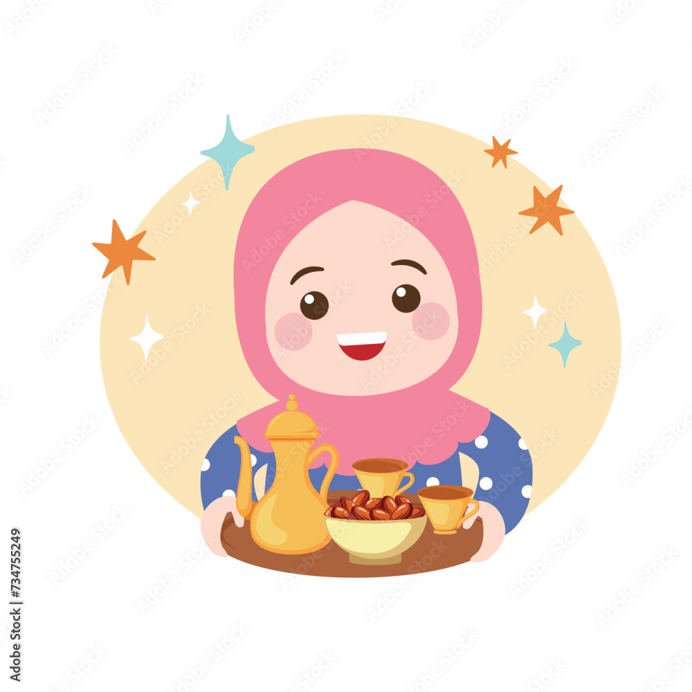 Cute hijab woman holding teapot and dates Cute hijab woman holding teapot and dates