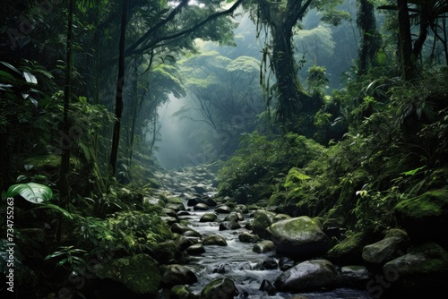 Tropical rainforest  Asian tropical jungle rainforest in daytime. Neural network  Ai generated