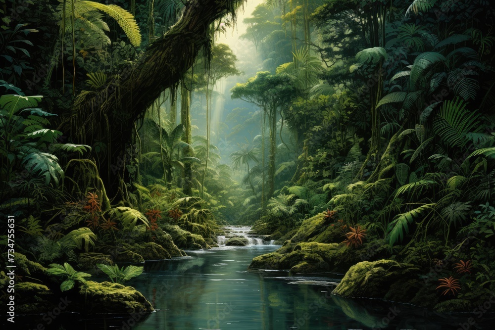 Tropical rainforest, Asian tropical jungle rainforest in daytime. Neural network, Ai generated - obrazy, fototapety, plakaty 