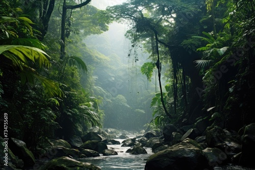 Tropical rainforest  Asian tropical jungle rainforest in daytime. Neural network  Ai generated