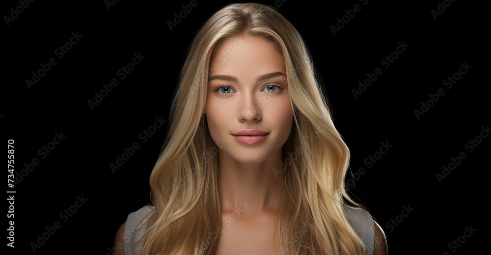 Portrait of young woman looks in camera. Blonde long hair. Isolated over black background. Copy space. Portrait of young woman looks in camera. Blonde long hair. Isolated over black background. Copy space.