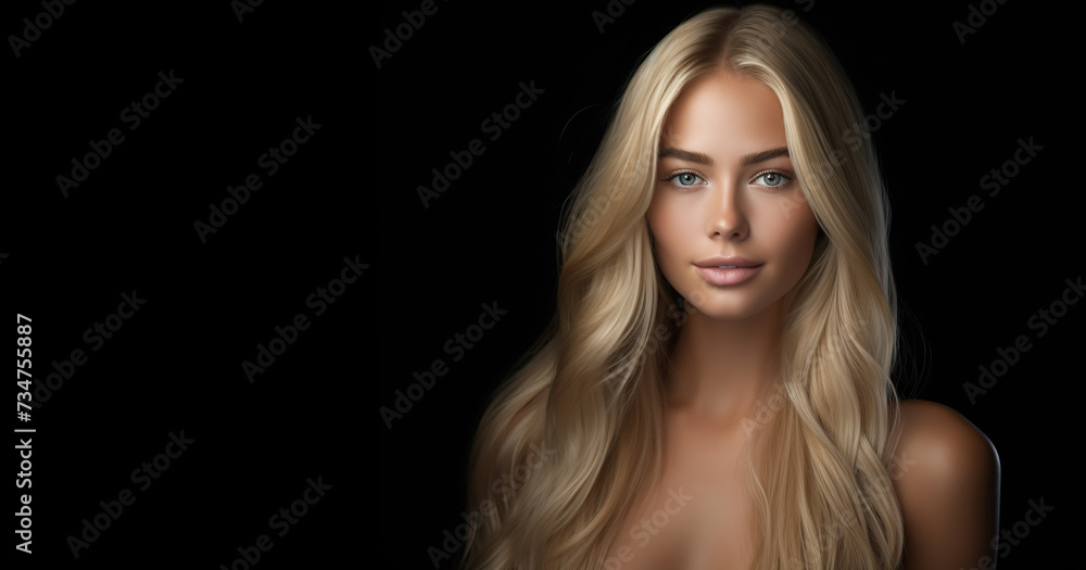 Portrait of young woman looks in camera. Blonde long hair. Isolated over black background. Copy space. Portrait of young woman looks in camera. Blonde long hair. Isolated over black background. Copy space.