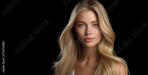 Portrait of young woman looks in camera. Blonde long hair. Isolated over black background. Copy space.
