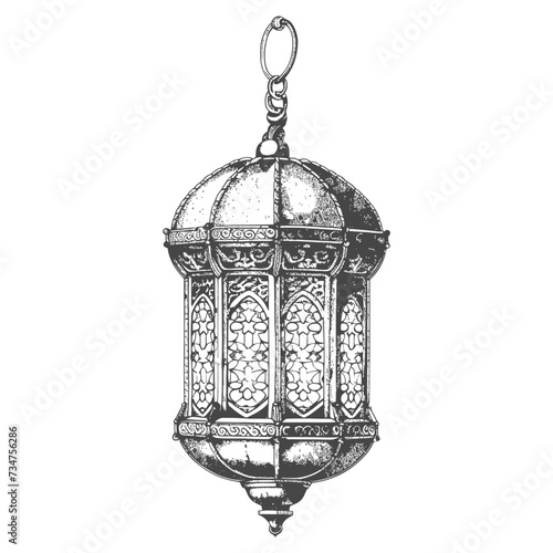 arabic lantern illustration with engraving style black color only