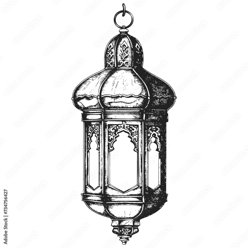 arabic lantern illustration with engraving style black color only